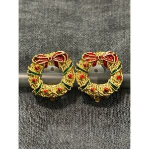 Christmas wreath clip-on Earrings goldtone red bow green